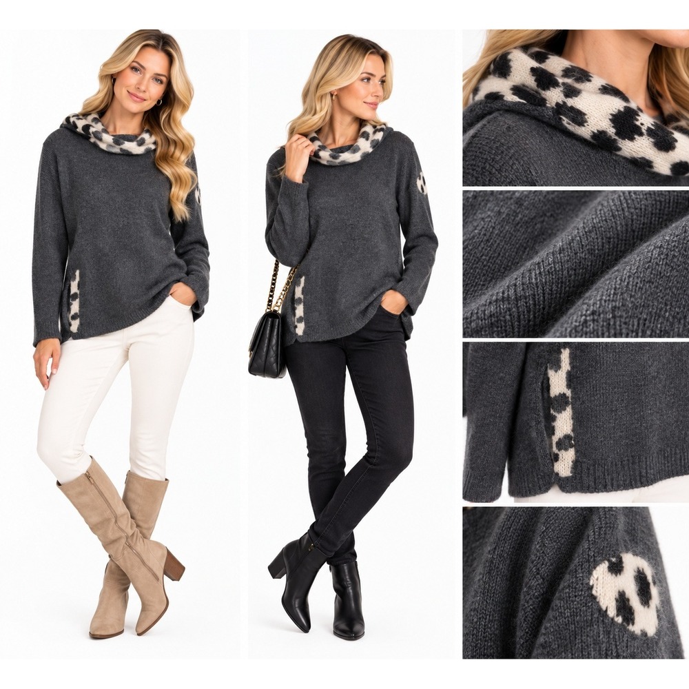 Mountain Force S Sweater 100% Cashmere Cow Print Hooded Ski Apres Quiet Luxury